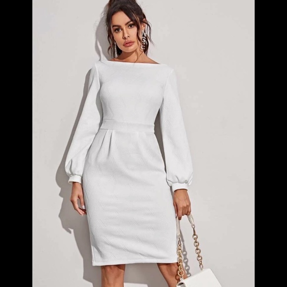 Shein White Fit And Flare Dress Knee Length Shein Dresses Shein Career Boat  Neck White Long